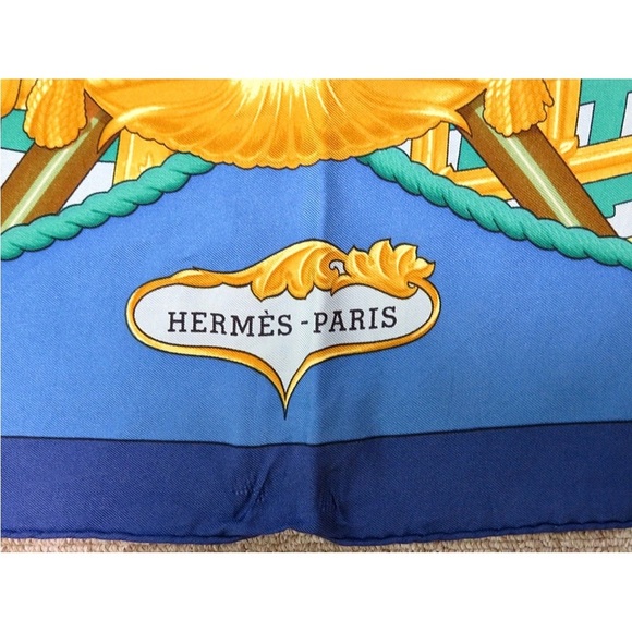 Hermès Blue and Gold Silk Scarf - Picture 7 of 12